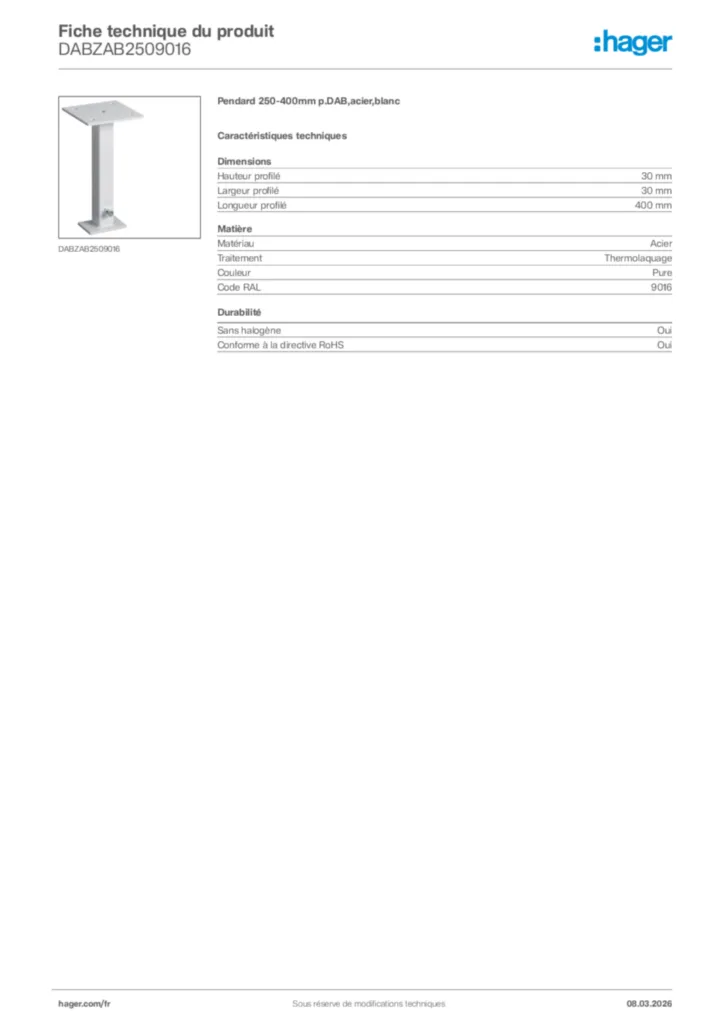 Image Hager Fiche technique du produit DABZAB2509016 | Hager France