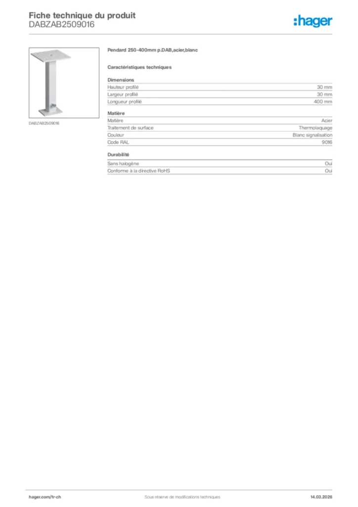 Image Hager Fiche technique du produit DABZAB2509016 | Hager Suisse