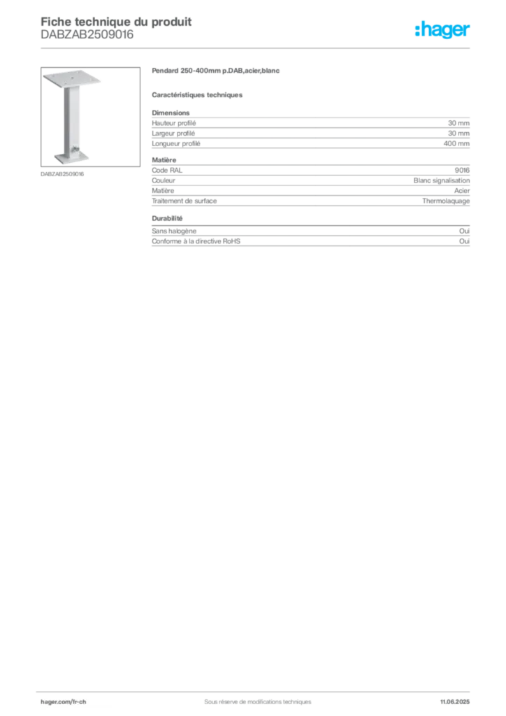 Image Hager Fiche technique du produit DABZAB2509016 | Hager Suisse