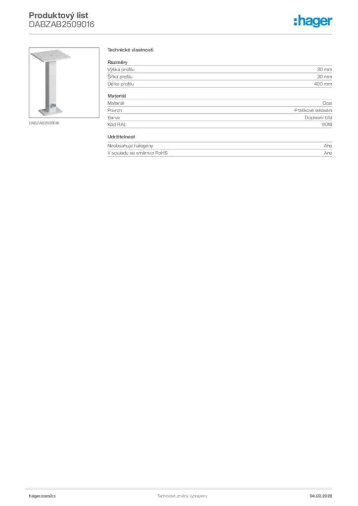 Obrázek Hager Product data sheet DABZAB2509016 | Hager