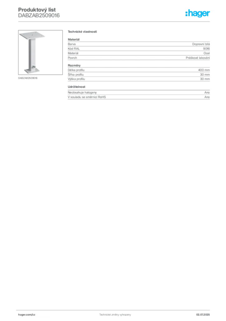 Obrázek Hager Produktový list DABZAB2509016 | Hager