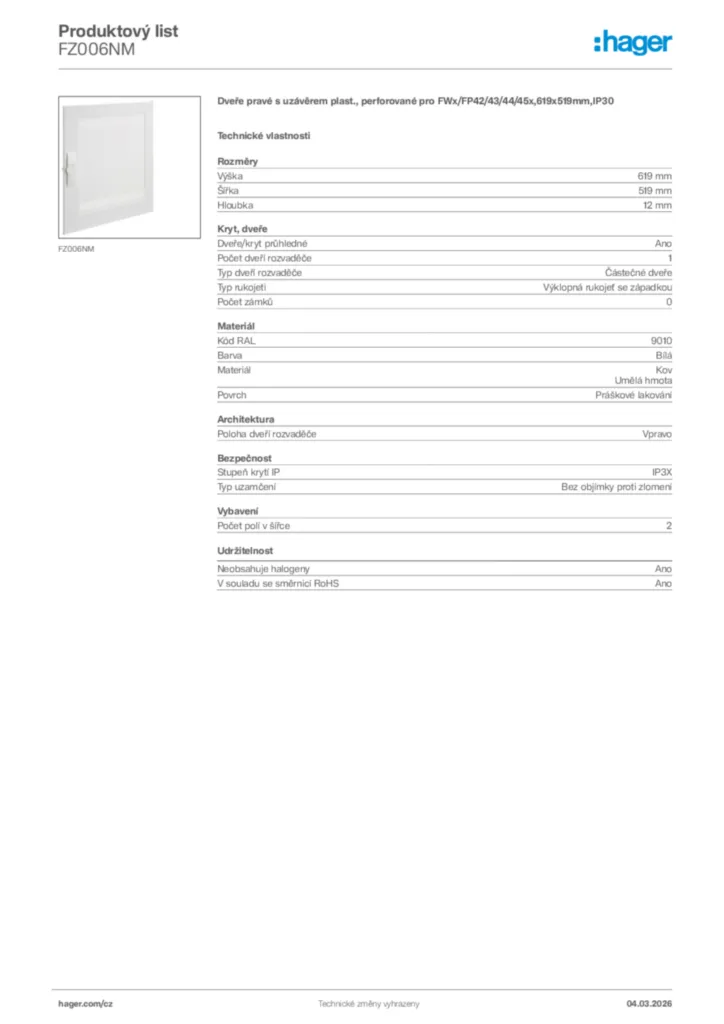 Obrázek Hager Product data sheet FZ006NM | Hager