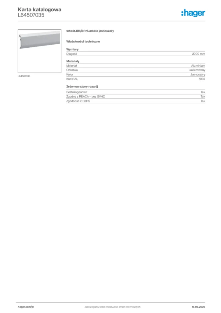 Zdjęcie Hager Karta katalogowa L64507035 | Hager Polska