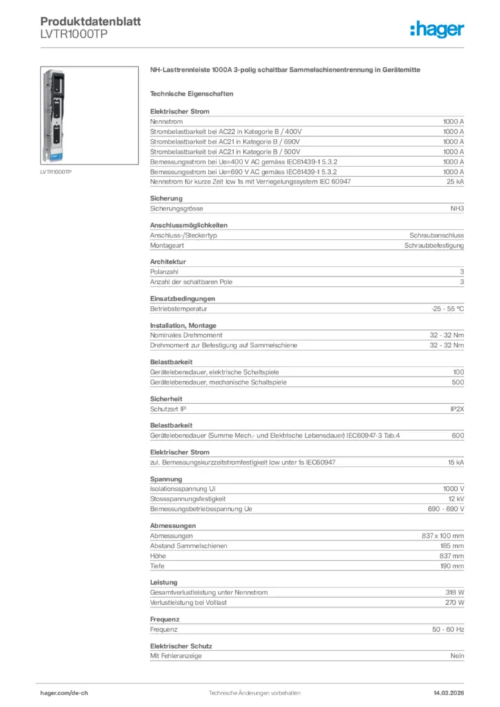 Bild Hager Produktdatenblatt LVTR1000TP | Hager Schweiz