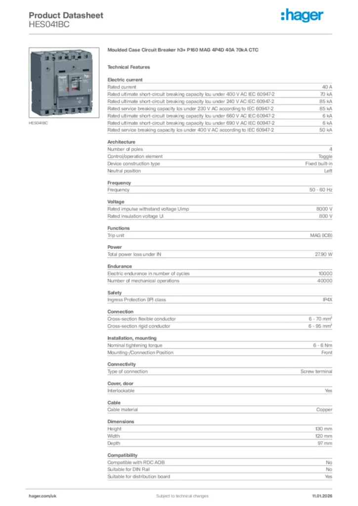 Image Hager Product data sheet HES041BC  | Hager