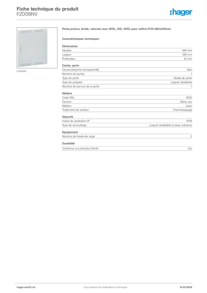 Image Hager Fiche technique du produit FZ006NV | Hager Suisse