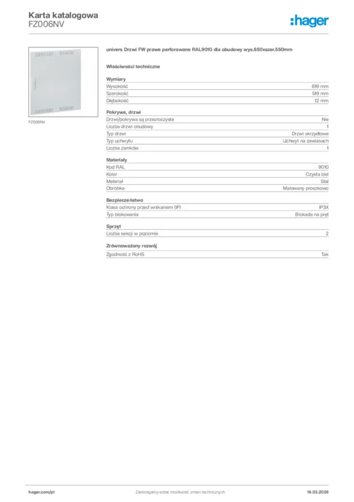 Zdjęcie Hager Karta katalogowa FZ006NV | Hager Polska