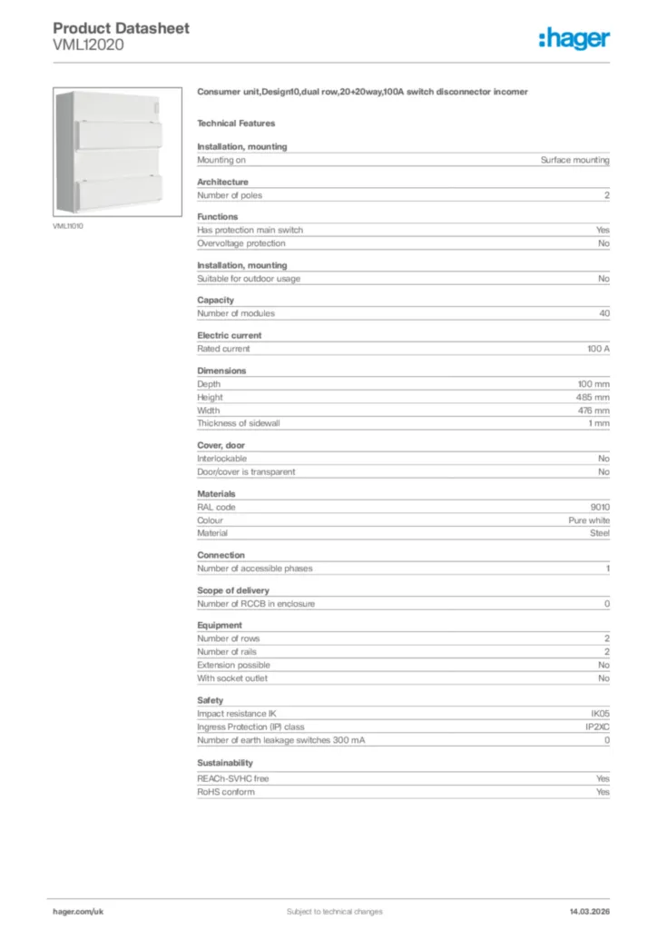 Image Hager Product data sheet VML12020  | Hager