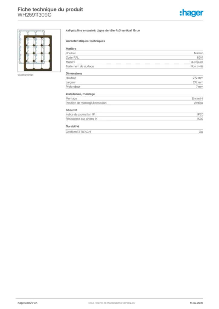 Image Hager Fiche technique du produit WH25911309C | Hager Suisse