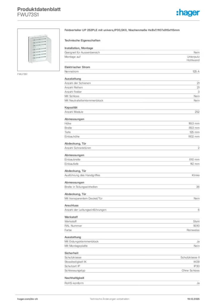 Bild Hager Produktdatenblatt FWU73S1 | Hager Schweiz