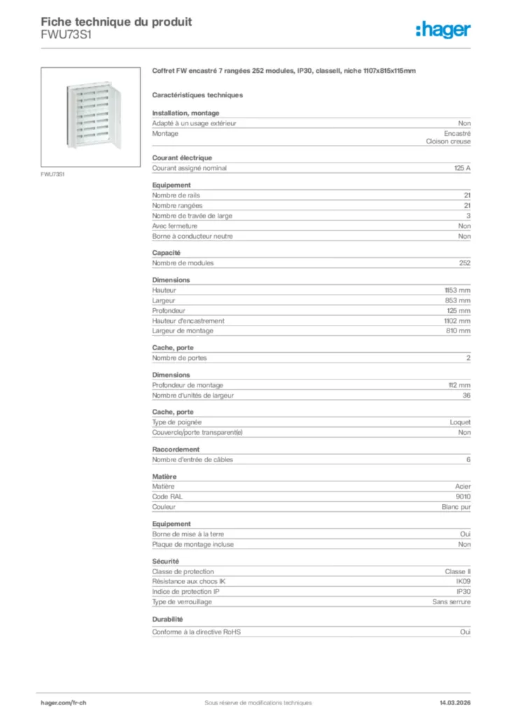 Image Hager Fiche technique du produit FWU73S1 | Hager Suisse