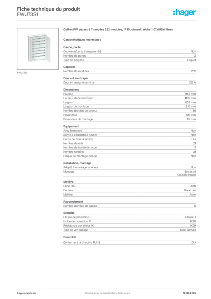 Image Hager Fiche technique du produit FWU73S1 | Hager Suisse