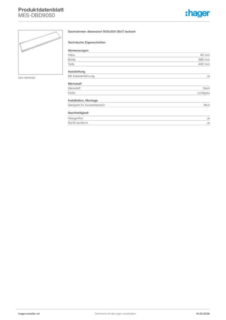 Bild Hager Produktdatenblatt MES-DBD9050 | Hager Schweiz