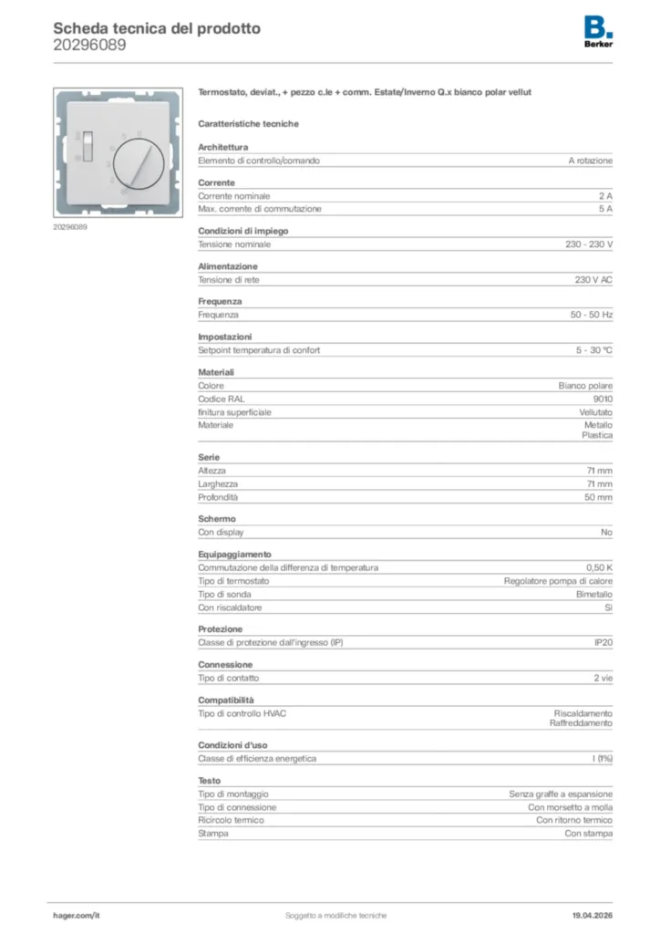 Immagine Berker Scheda tecnica del prodotto 20296089 | Hager Italia