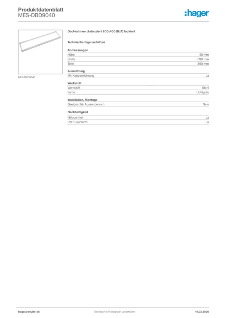 Bild Hager Produktdatenblatt MES-DBD9040 | Hager Schweiz