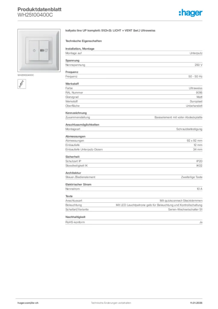 Bild Hager Produktdatenblatt WH25100400C | Hager Schweiz