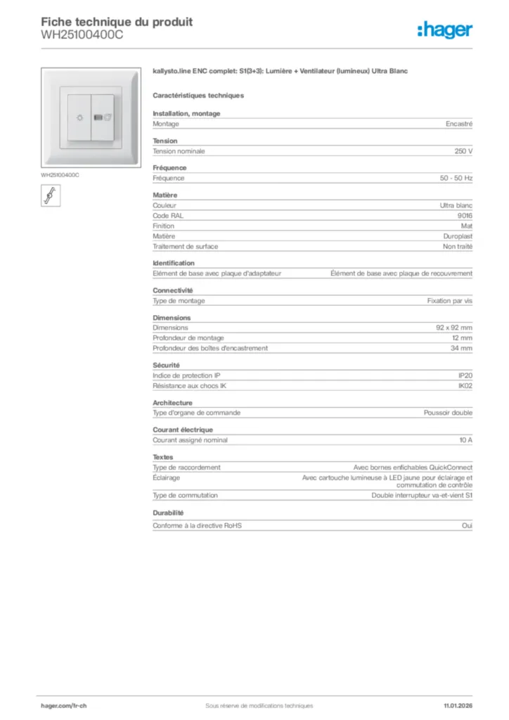 Image Hager Fiche technique du produit WH25100400C | Hager Suisse