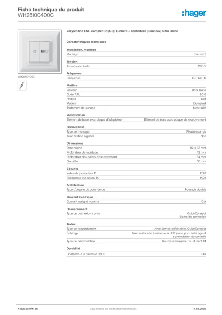 Image Hager Fiche technique du produit WH25100400C | Hager Suisse