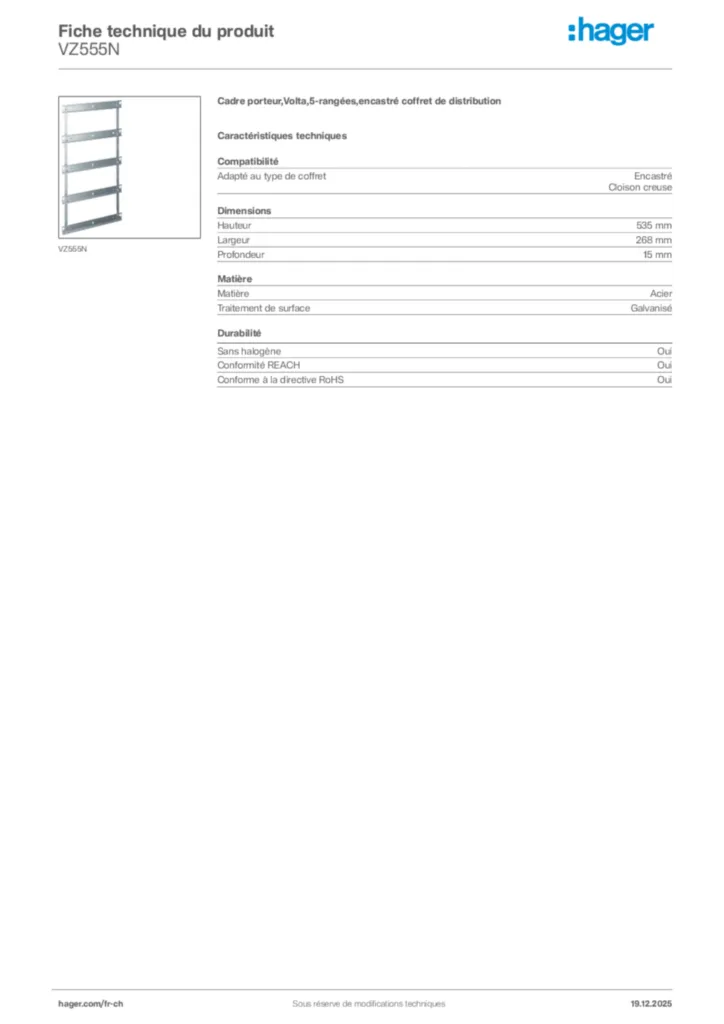 Image Hager Fiche technique du produit VZ555N | Hager Suisse