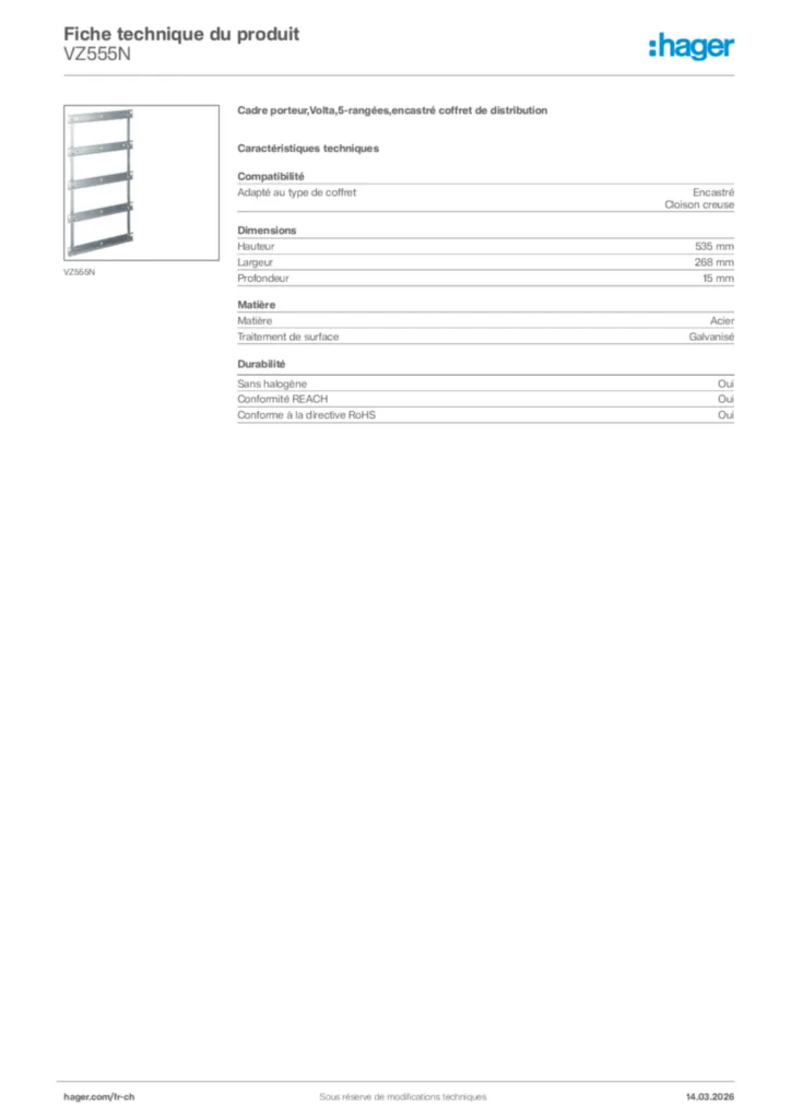 Image Hager Fiche technique du produit VZ555N | Hager Suisse