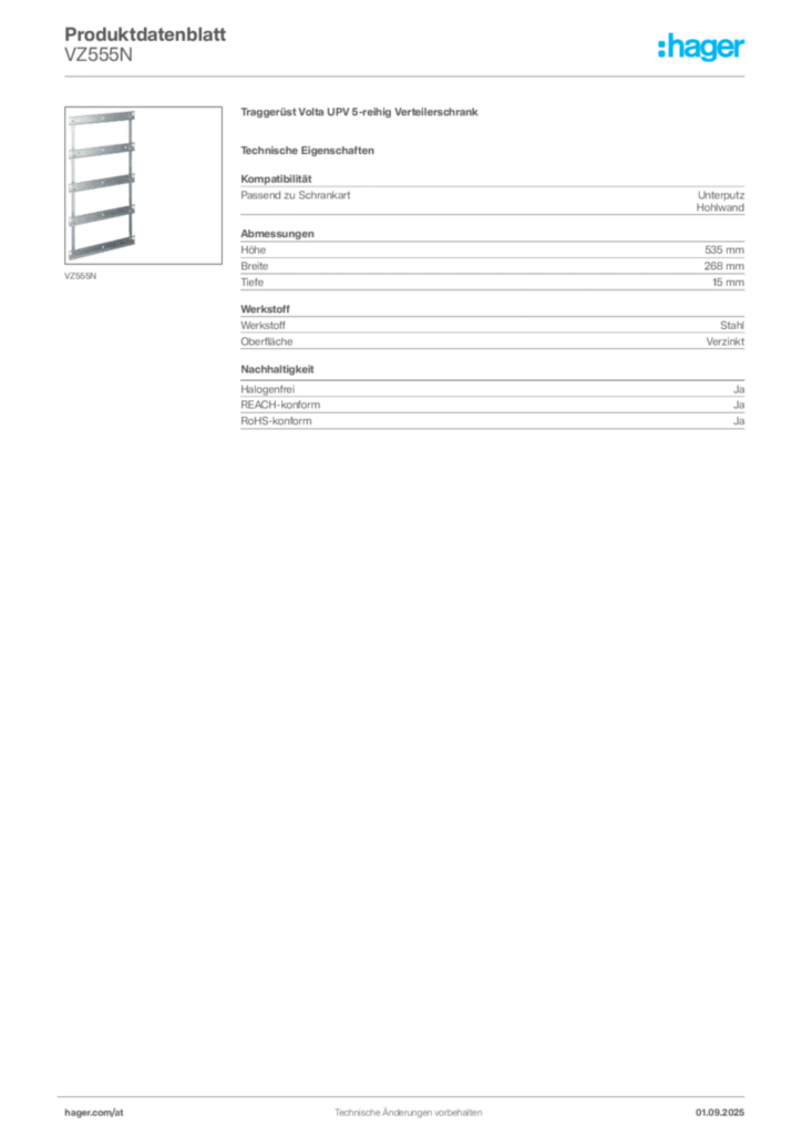 Bild Hager Produktdatenblatt VZ555N | Hager Deutschland