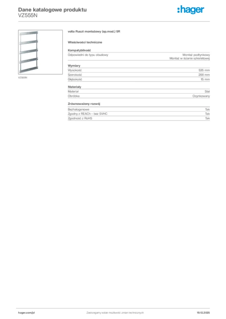 Zdjęcie Hager Karta katalogowa VZ555N | Hager Polska