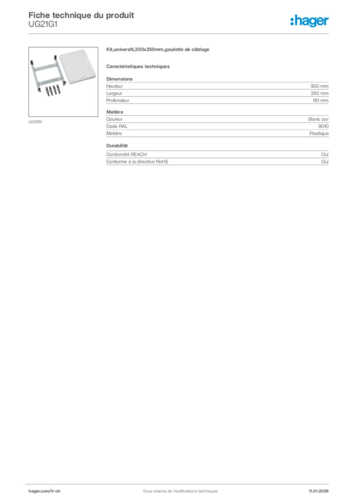 Image Hager Fiche technique du produit UG21G1 | Hager Suisse