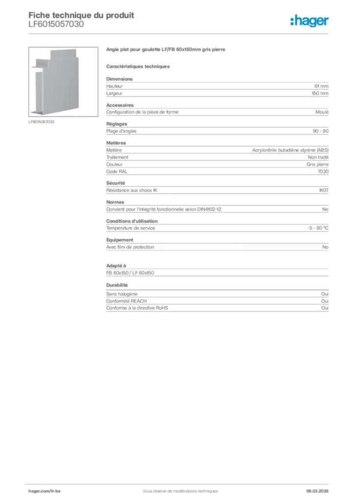 Image Hager Fiche technique du produit LF6015057030 | Hager Belgique
