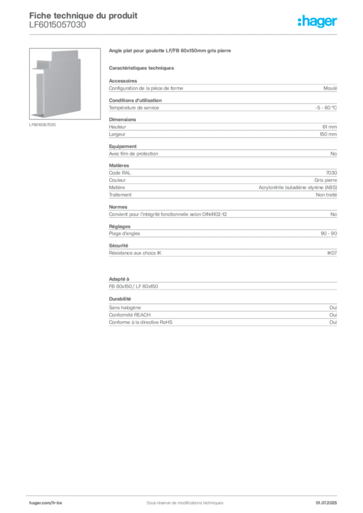 Image Hager Fiche technique du produit LF6015057030 | Hager Belgique