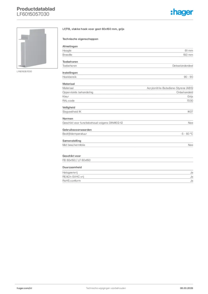 Afbeelding Hager Productdatablad LF6015057030 | Hager Nederland