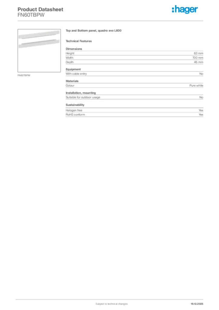 Image Hager Product data sheet FN60TBPW  | Hager Africa