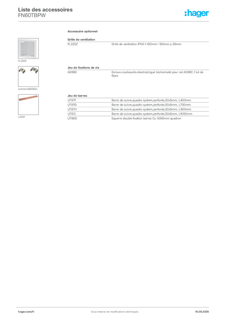 Image Hager Fiche technique du produit FN60TBPW | Hager France