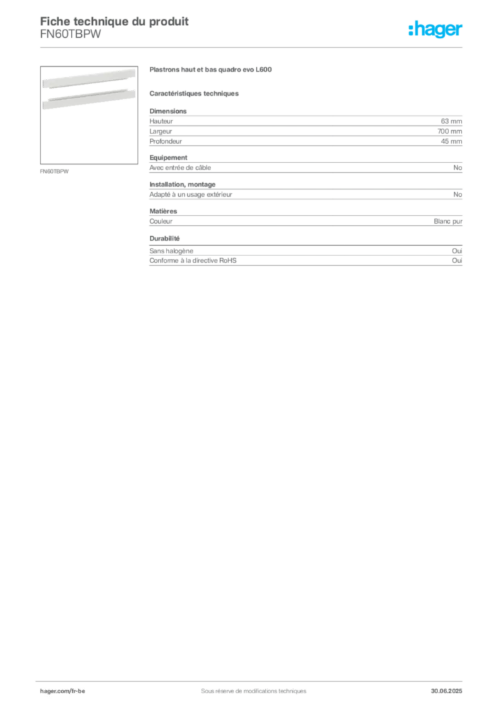 Image Hager Fiche technique du produit FN60TBPW | Hager Belgique