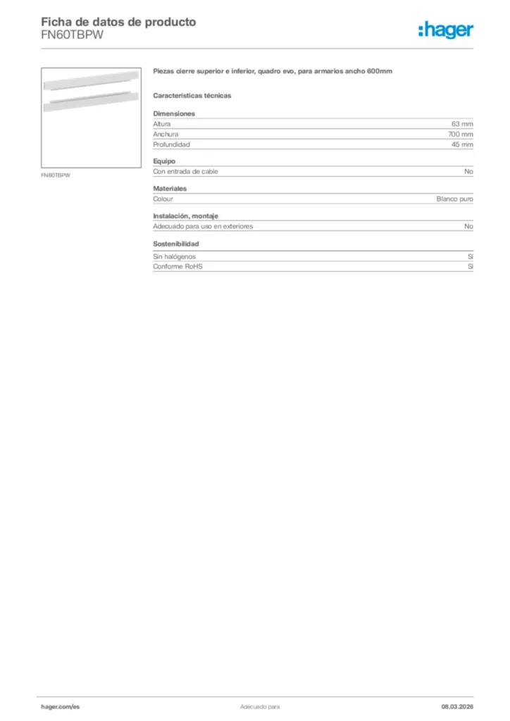 Imagen Hager Ficha de datos de producto FN60TBPW | Hager España