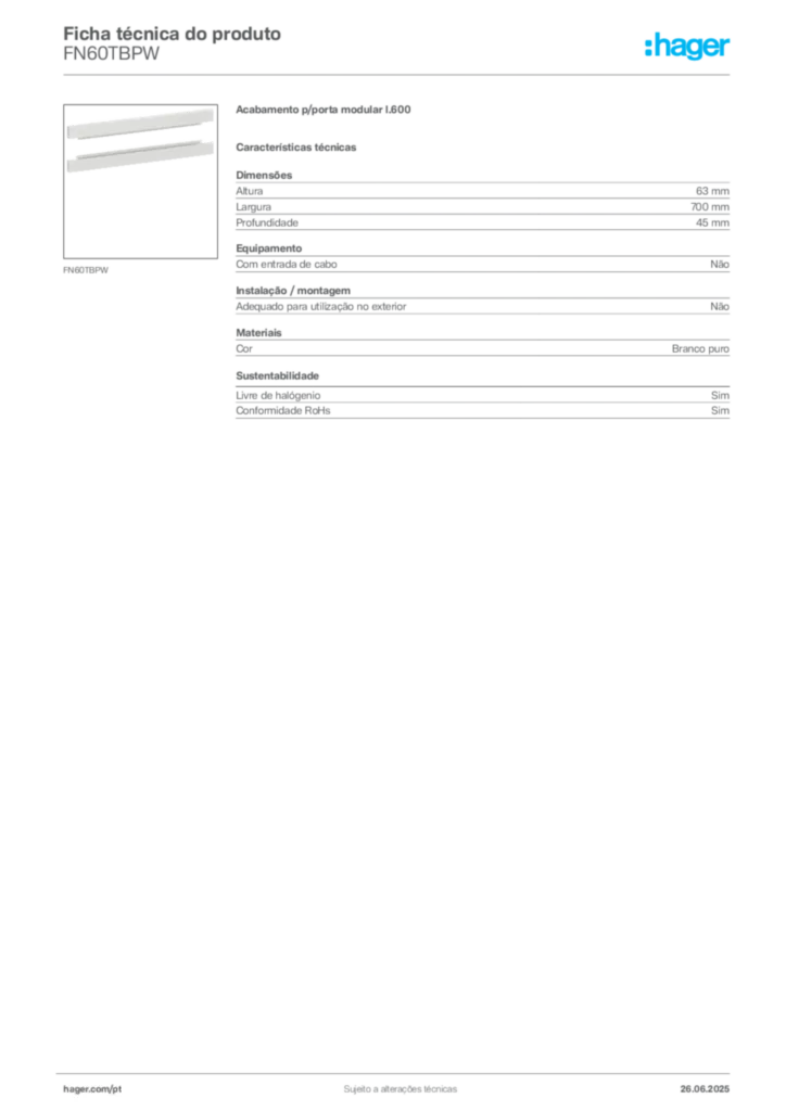 Imagem Hager Ficha técnica do produto FN60TBPW | Hager Portugal