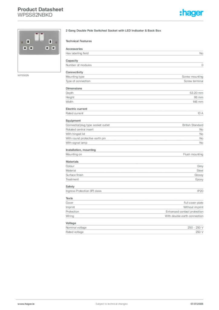 Image Hager Product data sheet WPSS82NBKO  | Hager