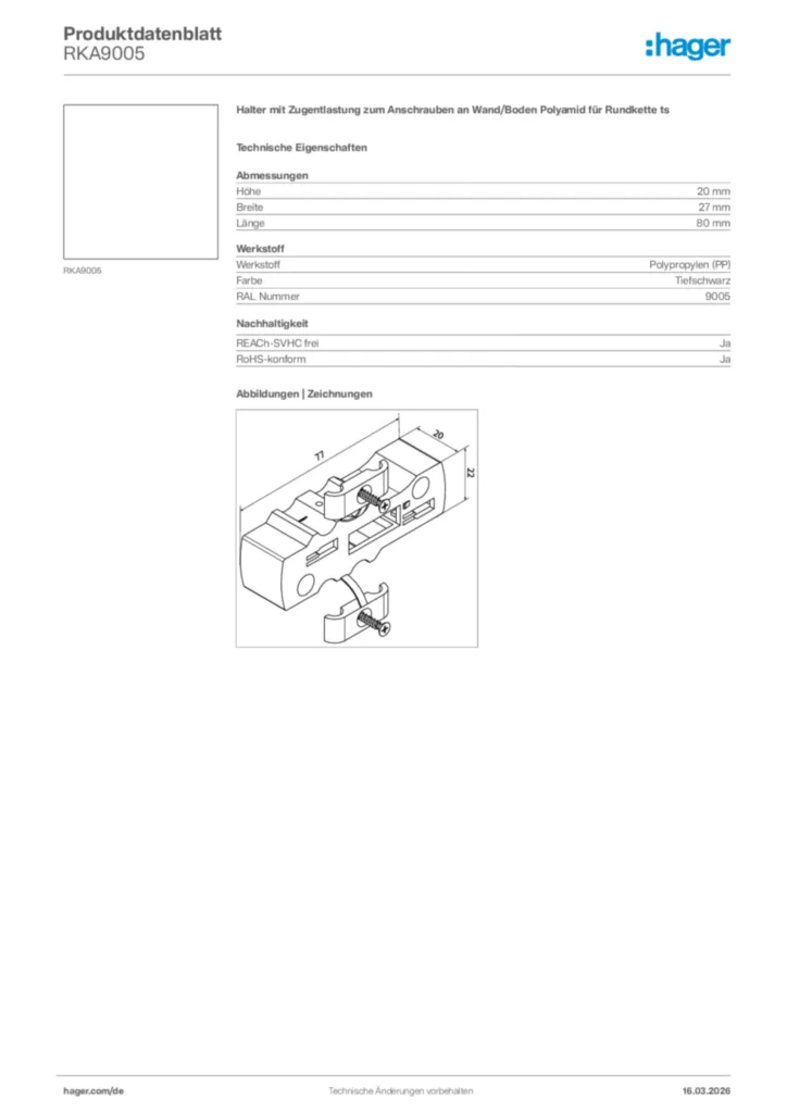 Bild Hager Produktdatenblatt RKA9005 | Hager Deutschland