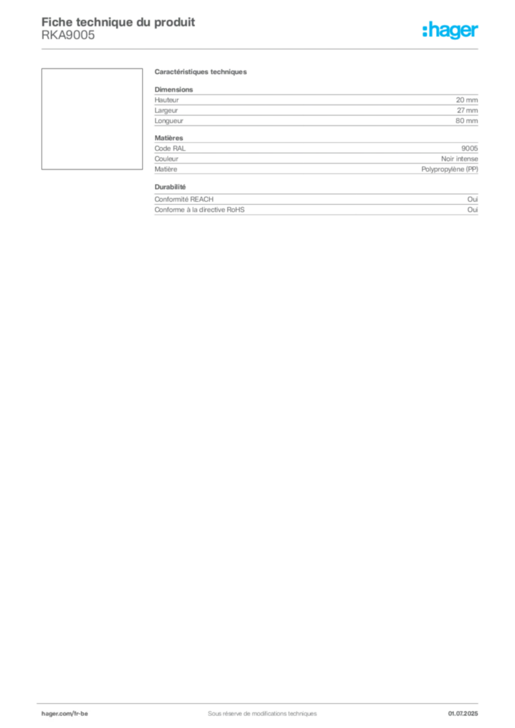 Image Hager Fiche technique du produit RKA9005 | Hager Belgique