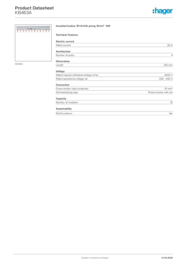 Image Hager Product data sheet KB463A  | Hager Africa