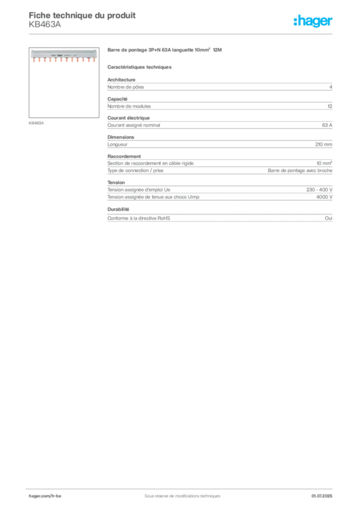 Image Hager Fiche technique du produit KB463A | Hager Belgique