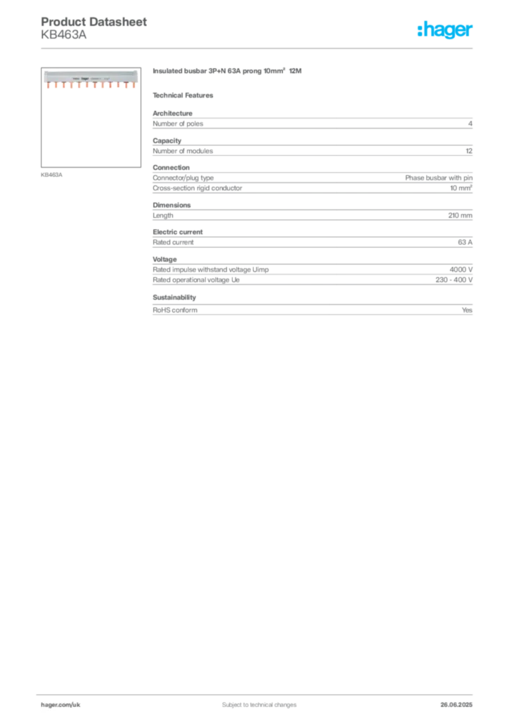 Image Hager Product data sheet KB463A  | Hager