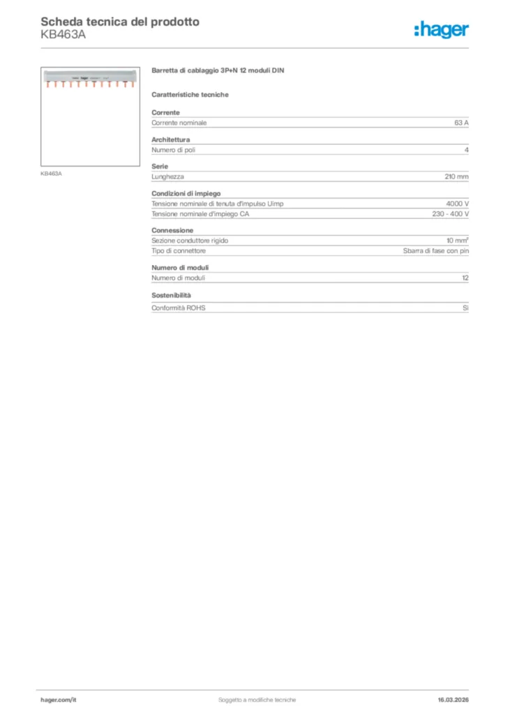 Immagine Hager Scheda tecnica del prodotto KB463A | Hager Italia