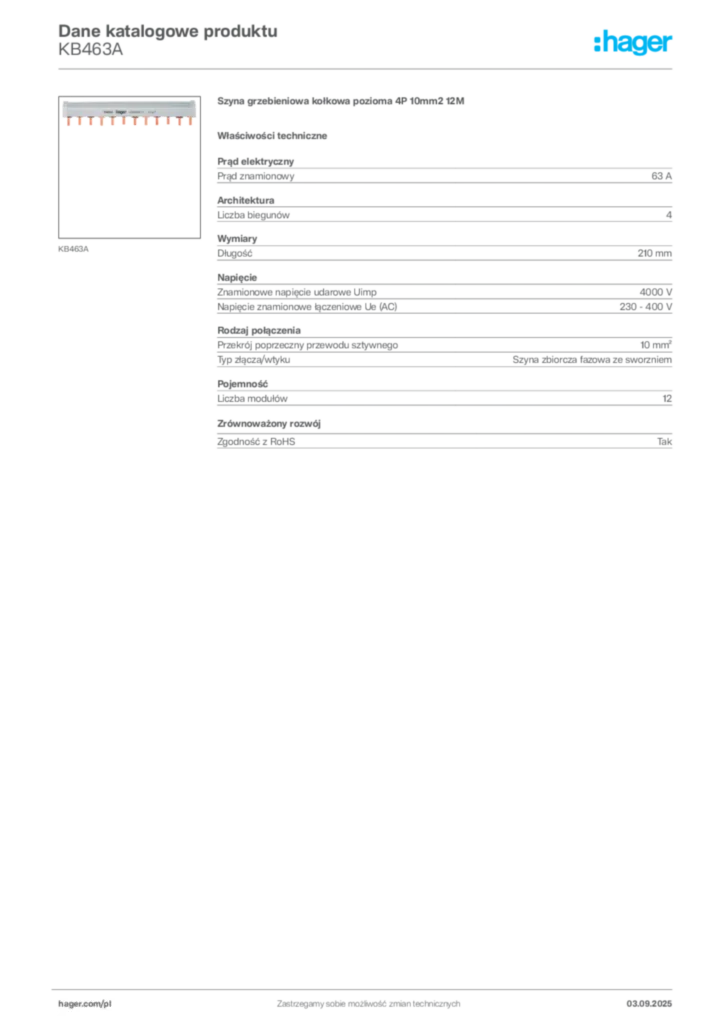 Zdjęcie Hager Karta katalogowa KB463A | Hager Polska