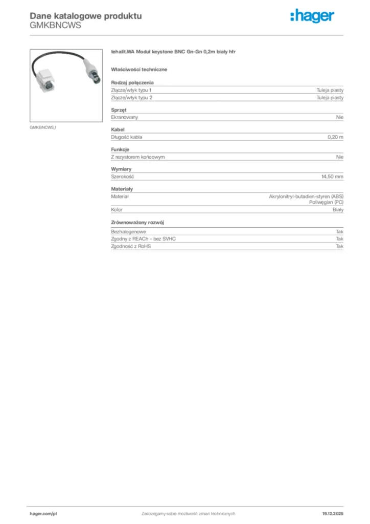 Zdjęcie Hager Karta katalogowa GMKBNCWS | Hager Polska