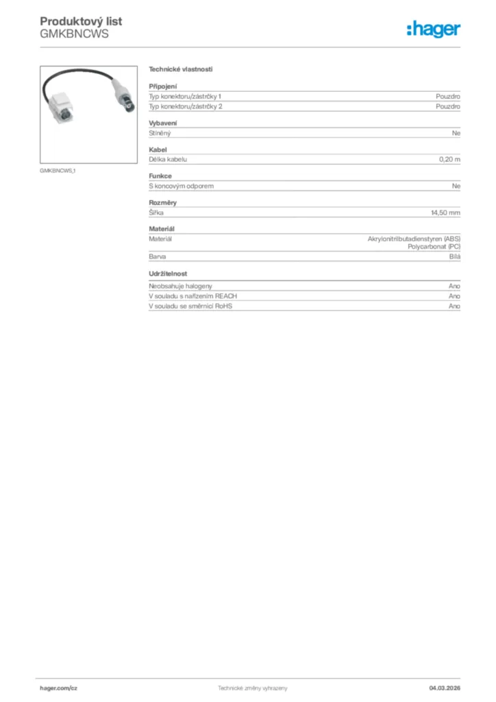 Obrázek Hager Product data sheet GMKBNCWS | Hager