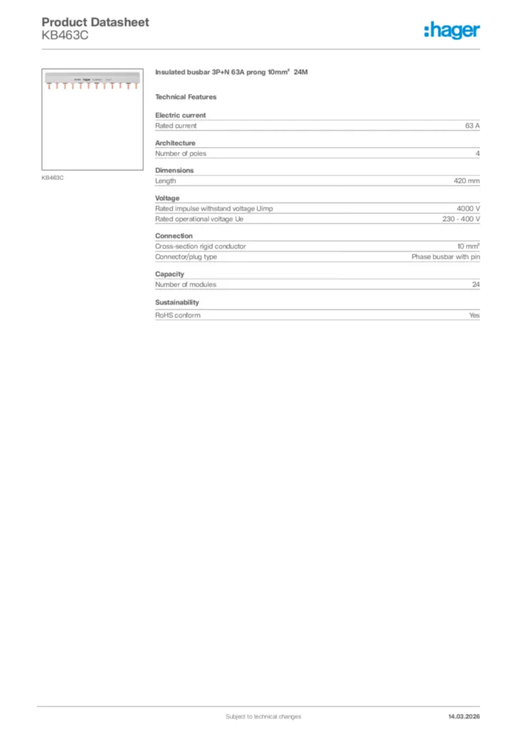Image Hager Product data sheet KB463C  | Hager Africa