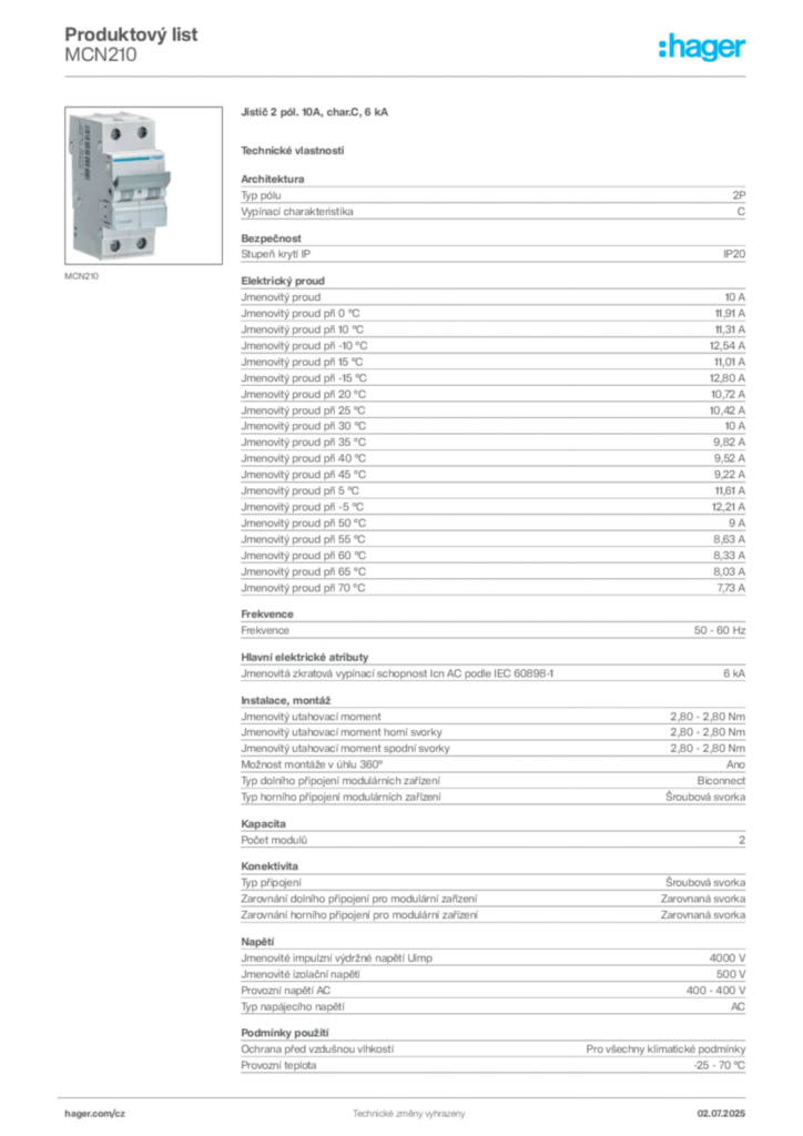 Obrázek Hager Produktový list MCN210 | Hager