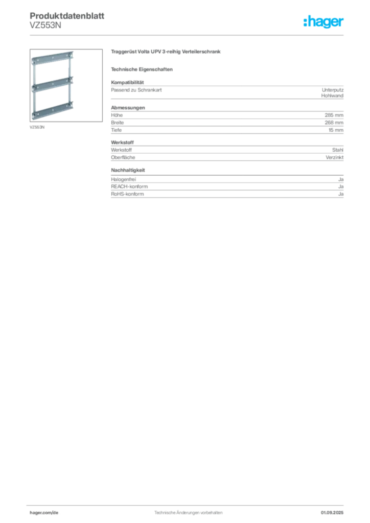 Bild Hager Produktdatenblatt VZ553N | Hager Deutschland