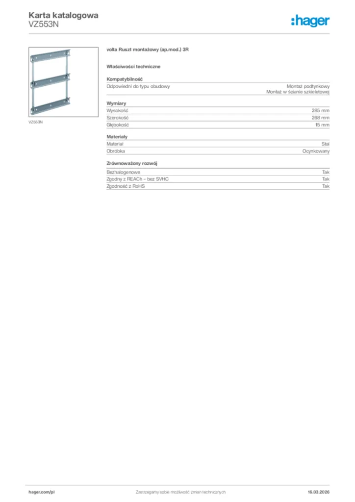 Zdjęcie Hager Karta katalogowa VZ553N | Hager Polska