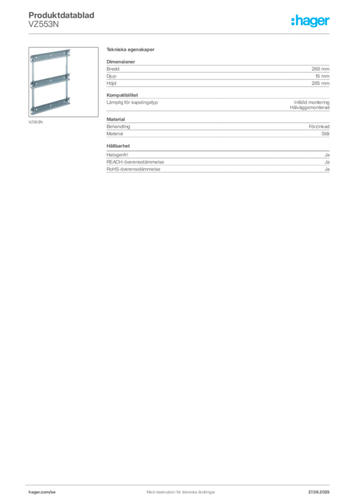 Bild Hager Produktdatablad VZ553N | Hager Sverige